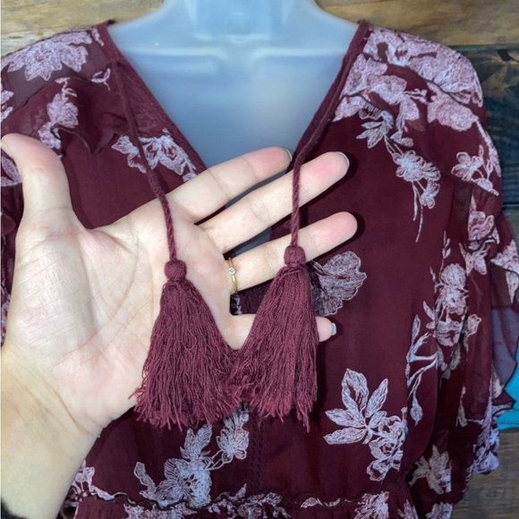 LC Lauren Conrad burgundy floral chiffon Dress M country boho cottagecore - Picture 9 of 12